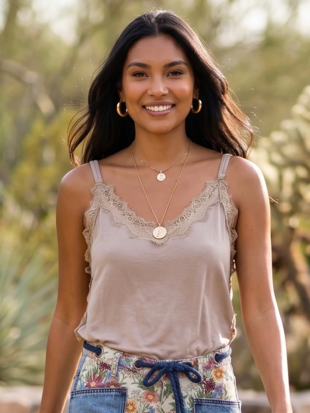 POL Beige Lace Trim V Neck Cami Top | Back Button Layering Tank